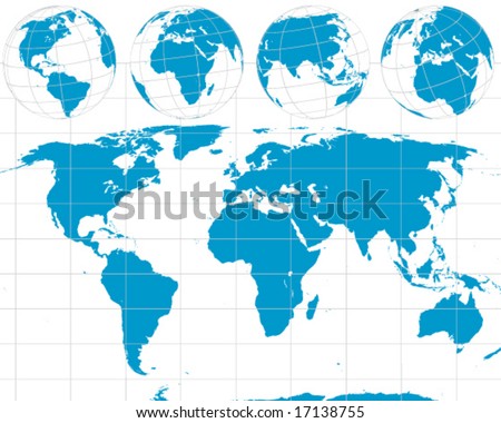 Detailed Vector World Outline Map With Globes For America'S, Africa, Asia, 