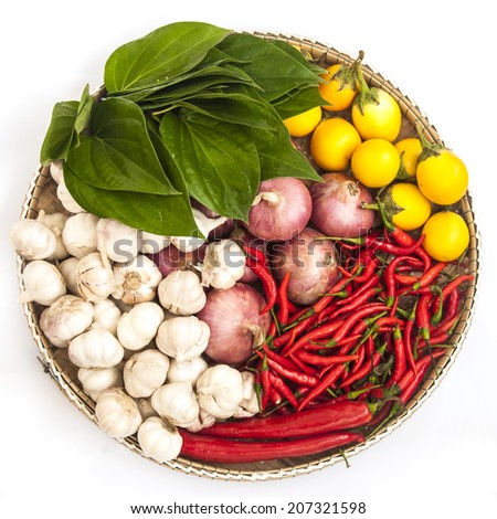 Isolated vegetable plate with eggplant, onion, garlic, pepper and green leafs for background