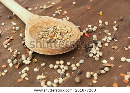 Variety of spices on wooden spoon, ingredients for masala, Indian spice mix