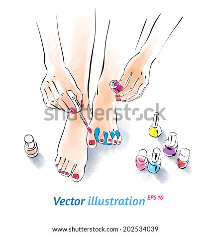 Home pedicure Vector illustration with watercolor texture Home pedicure Vector illustration with watercolor texture