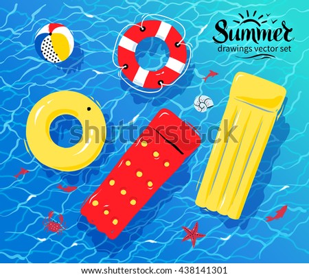 Pool Water With Beach Ball vector illustration of pool rafts, rubber ring, beach ball and Pool Water With Beach Ball vector illustration of pool rafts, rubber ring, beach ball and
