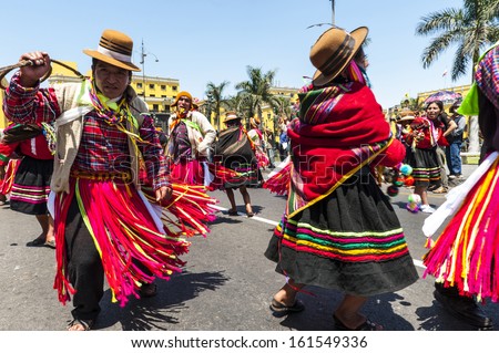 Lima Peru March 1: Indians In Traditional Peruvian Dresses Dancing In The Square Plaza De Armas During The Celebration Of National Independence In The Historic Center On March 1 2011 In Lima, Peru