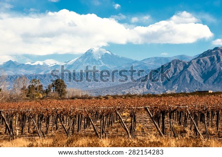 Volcano Aconcagua and Vineyard. Aconcagua is the highest mountain in the Americas at 6,962 m (22,841 ft). It is located in the Andes mountain range, in the Argentine province of Mendoza