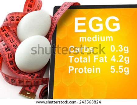 Tablet with Calories In egg  and measuring tape on white background. nutrition facts
