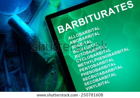 Tablet with the chemical formula of Barbiturates. Drugs and Narcotics