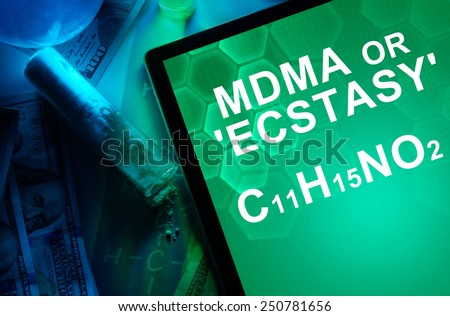 Tablet with the chemical formula of ecstasy or mdma. Drugs and Narcotics