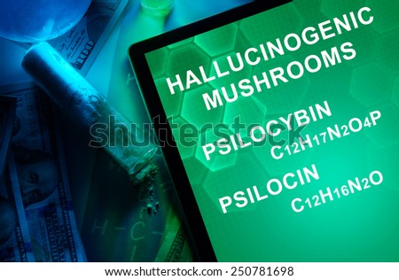Tablet with the chemical formula of Hallucinogenic mushrooms psilocin, psilocybin. Drugs and Narcotics