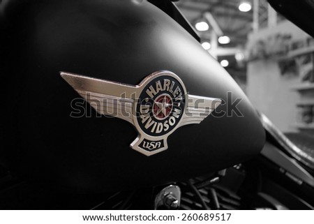 Fuel tank with the logo of Harley Davidson motorcycle.  Kiyv, Ukraine - March 15, 2015