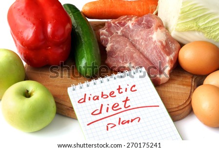 Diabetes concept. Notepad  with diabetic diet and raw organic food.