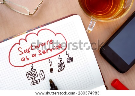 Notepad with words SaaS software as a service  concept and marker.