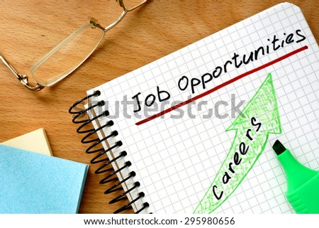 Note with words job opportunities on a wooden background.