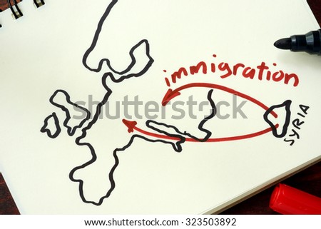 Syrian crisis emigrants. Hand-drawn way of the Syrian Migrants Refugees to Europe