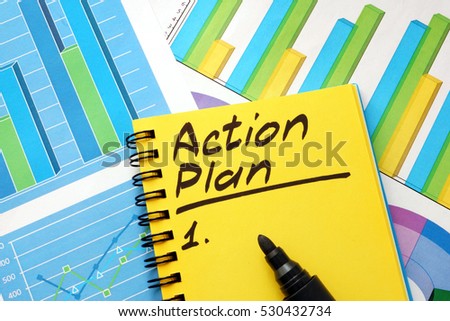 Action plan list in a note and financial charts.