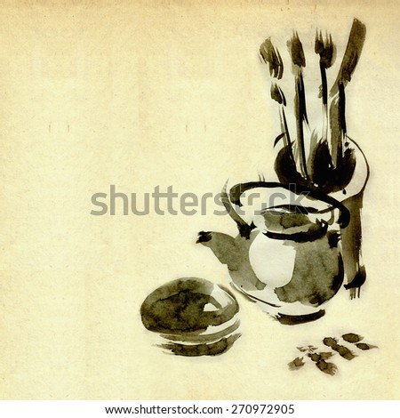 Still life in the style of Sumi-e with a kettle, a bowl and brush for painting