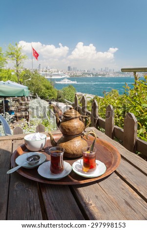 copper kettle on the background of the Bosphorus