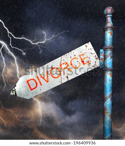 3d Rusted grunge road sign, over dramatic storm sky, concept for divorce and broken relationship