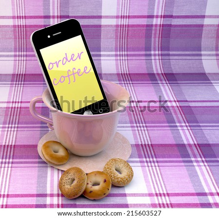 Mobile phone with order coffee text, coffee cup and donuts, order online concept illustration design.