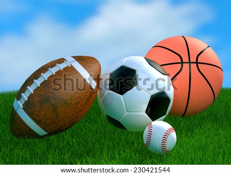 Recreation leisure sports equipment on grass with a football basketball soccer  as a symbol of healthy physical activity