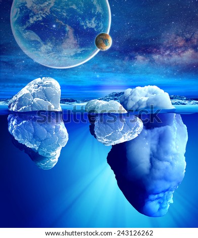 Underwater view of iceberg with beautiful transparent sea and planets on background.Elements of this image furnished by NASA