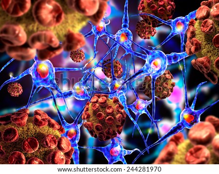 3d illustration of viruses attacking nerve cells, concept for Neurologic Diseases, tumors and brain surgery.