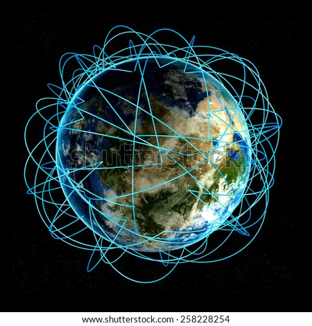 Internet Concept of global business and major air routes based on real data. Highly detailed planet Earth at night, surrounded by a luminous network, 3d render.
