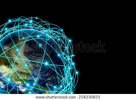Internet Concept of global business and major air routes based on real data. Highly detailed planet Earth at night, surrounded by a luminous network, 3d render.