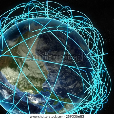Internet Concept of global business and major air routes. Highly detailed planet Earth at night, surrounded by a luminous network, 3d render. Elements of this image furnished by NASA
