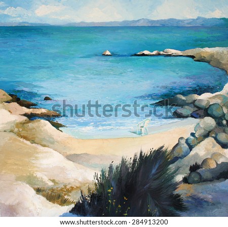 Original painting, artwork, oil on canvas, natural beach in Greece