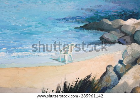 Original painting, artwork, oil on canvas, natural beach in Greece