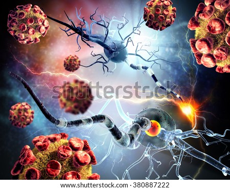 3d illustration of nerve cells.  Viruses attacking nerve cells, concept for Neurologic Diseases, tumors and brain surgery.