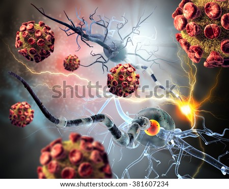 3d illustration of nerve cells.  Viruses attacking nerve cells, concept for Neurologic Diseases, tumors and brain surgery.