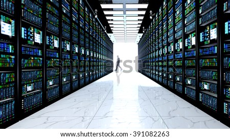 Creative business web telecommunication, internet technology connection, cloud computing and networking connectivity concept: terminal monitor in server room with server racks in datacenter. 3D render