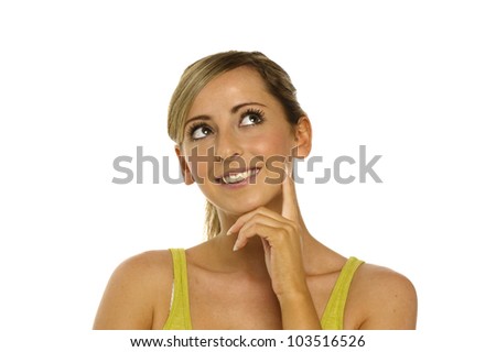 Young Woman looking up thinking isolated on a white background
