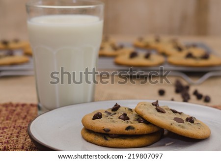 Chocolate chip cookies on plate and glass of milk