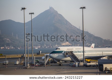 Hong Kong, China - November 23, 2014: A Cathay Pacific aircraft is prepared for loading in the Hong Kong International Airport.
