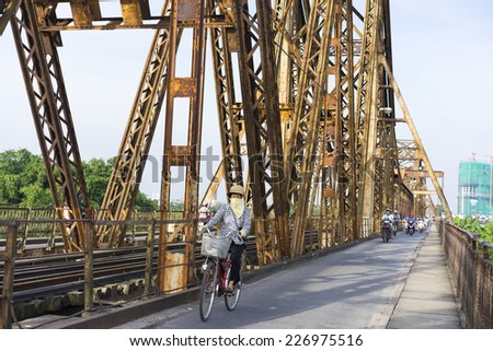 Hanoi, Vietnam - Sep 7, 2014: Long Bien bridge is a historic cantilever bridge across the Red River that connects two districts, Hoan Kiem and Long Bien of the city of Hanoi, Vietnam