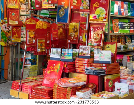 Hanoi, Vietnam - Nov 16, 2014: Bunch of various calendar on sale on a book store on Ba Trieu street. Calendar usually published in November and December every year in Vietnam
