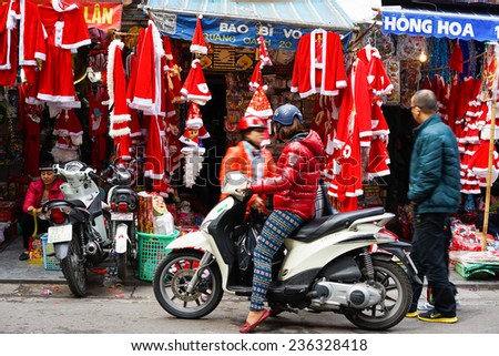 Hanoi, Vietnam - Dec 7, 2014: Front view of Christmas decoration store on Hang Ma street, quarter of Hanoi. The business starts late November until Christmas day every year