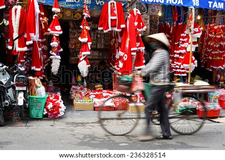 Hanoi, Vietnam - Dec 7, 2014: Front view of Christmas decoration store on Hang Ma street, quarter of Hanoi. The business starts late November until Christmas day every year