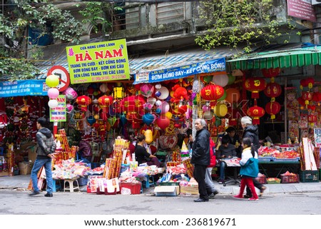 Hanoi, Vietnam - Dec 7, 2014: Front view of Vietnamese Christmas store on Hang Ma street. The business starts late November every year, long time before Xmas day