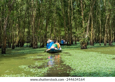 Tourism rowing boat in Tra Su indigo plant forest in An Giang, Mekong delta, Vietnam