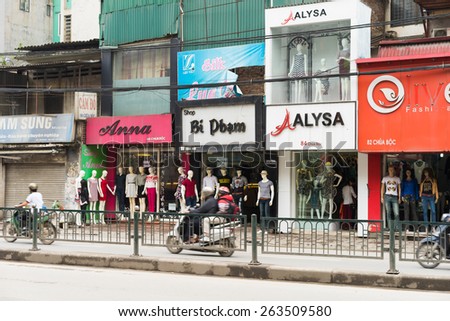 Hanoi, Vietnam - Mar 15, 2015: Exterior front view of small fashion shops on Chua Boc street