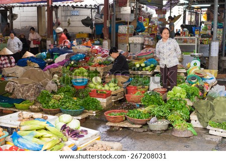 Quang Ninh, Vietnam - Mar 22, 2015: Vegetable stalls at Ha Long market, Ha Long city