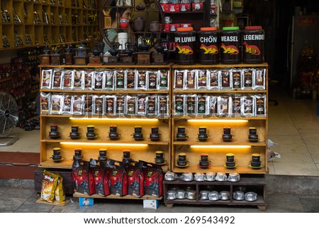 Hanoi, Vietnam - Apr 5, 2015: Various brand name coffee for sale in Hang Buom street, Hoan Kiem district. Vietnam is the world\'s second largest coffee exporter