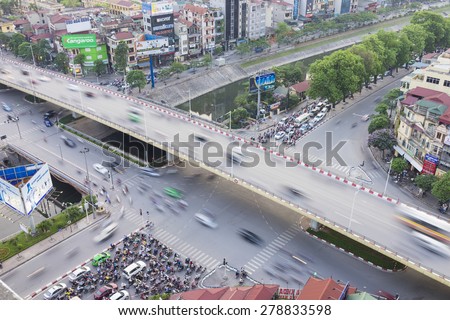 Hanoi, Vietnam - May 14, 2015: Aerial view of Hanoi traffic at intersection Nguyen Chi Thanh - Lang - Tran Duy Hung street