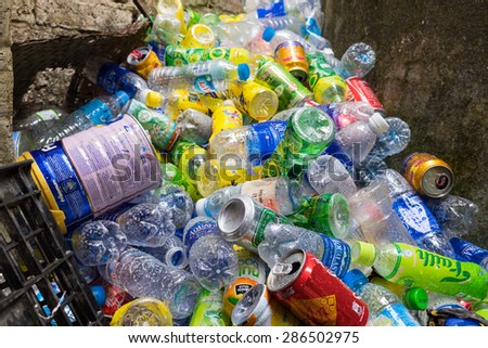 Ninh Binh, Vietnam - May 16, 2015: Rubbish of drinking plastic bottles in destination travel place at Bich Dong temple