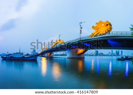 Da Nang panorama view by Han river by twilight period. Da Nang is one of the major port city in Vietnam and the biggest city in Central Vietnam