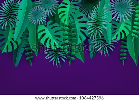Green tropical leaves and plants Isolated on ultraviolet background Tropical foliage Volumetric image Cut paper Vector illustration
