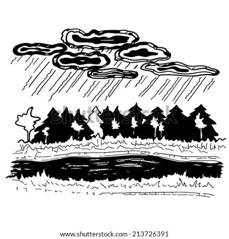 Vector illustration of rain in autumn wood near the river. Landscape with forest edge and river banks. Black and white image