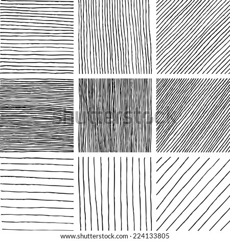 Set of ink hand drawn textures. Lines with different density and incline. Hatching drawn with pen. Abstract background. Vector design elements